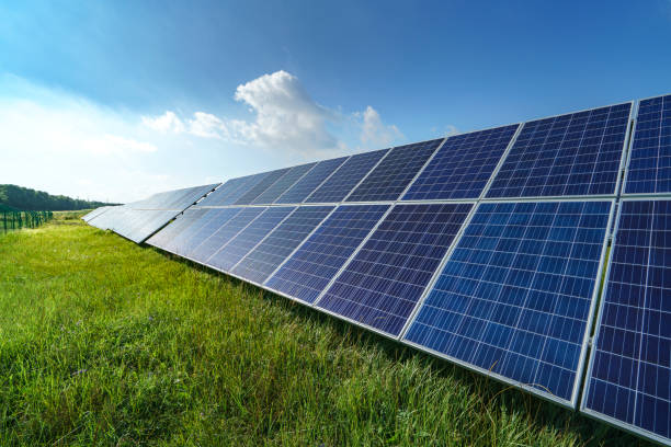 Fileira de módulos fotovoltaicos de uma usina solar de solo em área aberta.
